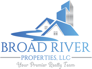 Broad River Properties logo mark with text featuring a blue gradient foreground with silver accents.